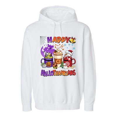 Funny Halloween Thanksgiving Christmas Happy Hallothanksmas Funny Gift Garment-Dyed Fleece Hoodie