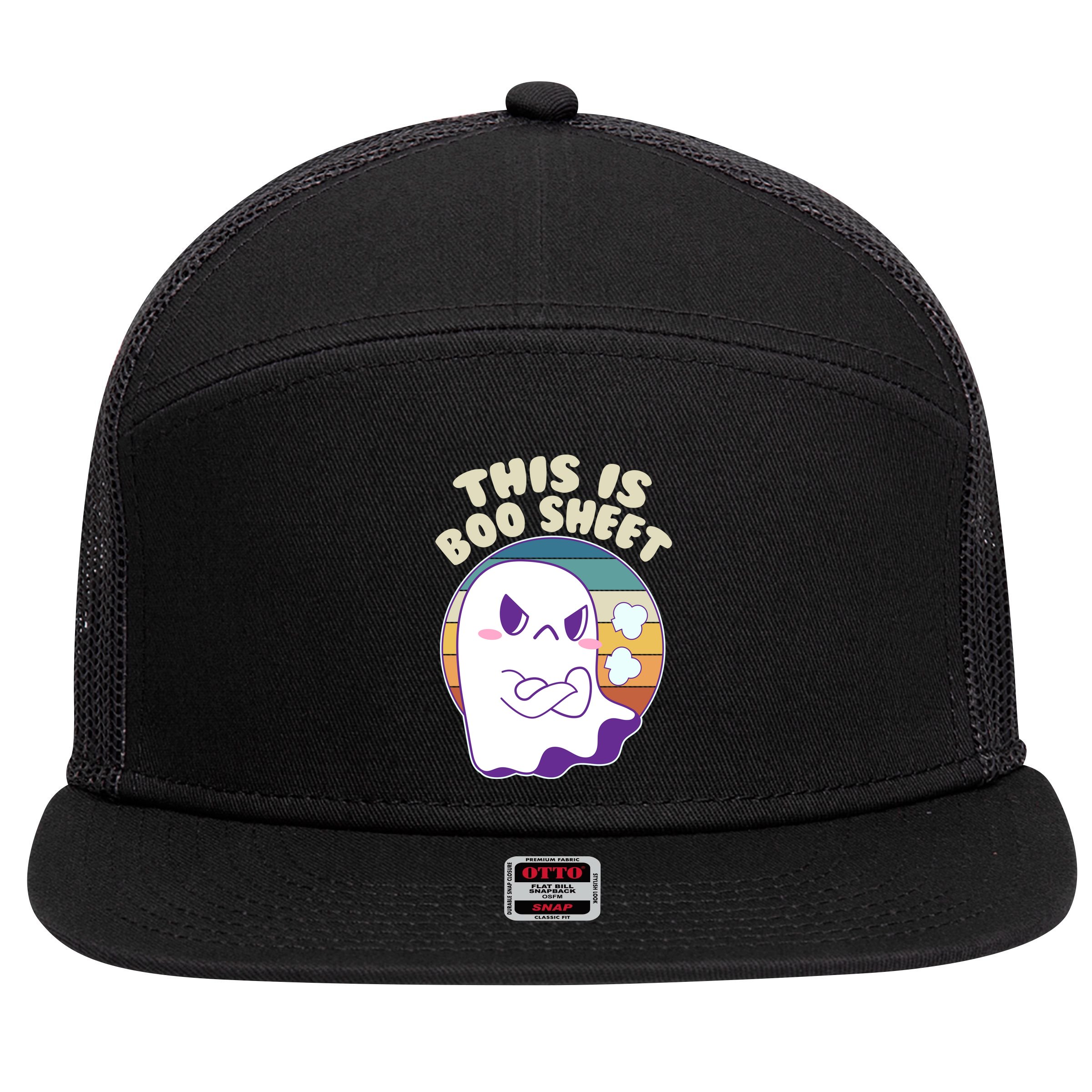 Funny Halloween This Is Boo Sheet Cute Ghost 7 Panel Mesh Trucker Snapback Hat