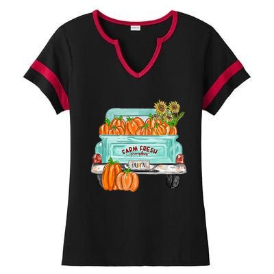 Fall Harvest Truck Pumpkin Sunflower Ladies Halftime Notch Neck Tee