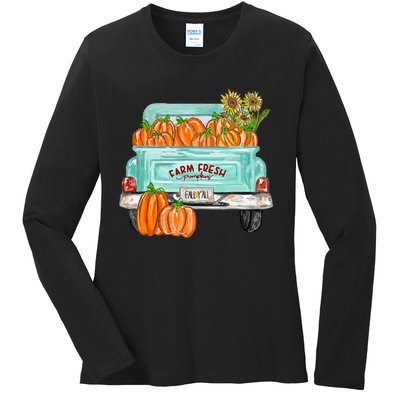 Fall Harvest Truck Pumpkin Sunflower Ladies Long Sleeve Shirt