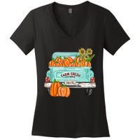 Fall Harvest Truck Pumpkin Sunflower Women's V-Neck T-Shirt