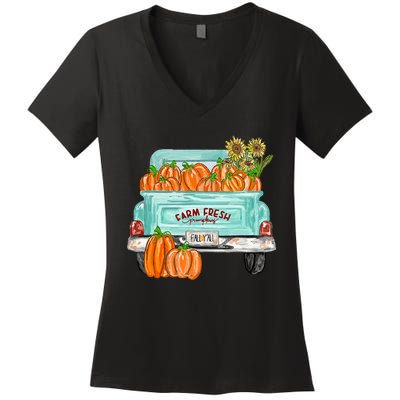 Fall Harvest Truck Pumpkin Sunflower Women's V-Neck T-Shirt