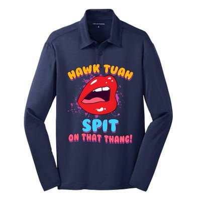 Funny Hawk Tuah Spit On That Thang Silk Touch Performance Long Sleeve Polo