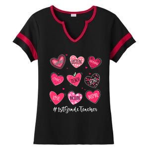 Funny Hearts Teach Love Inspire 1st Grade Teacher Valentines Ladies Halftime Notch Neck Tee