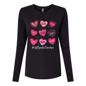 Funny Hearts Teach Love Inspire 1st Grade Teacher Valentines Womens Cotton Relaxed Long Sleeve T-Shirt