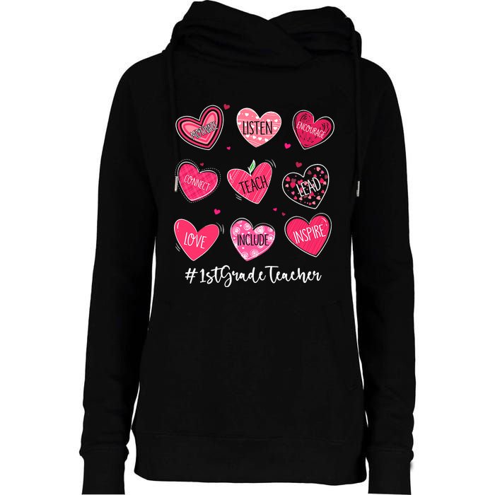 Funny Hearts Teach Love Inspire 1st Grade Teacher Valentines Womens Funnel Neck Pullover Hood