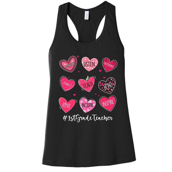 Funny Hearts Teach Love Inspire 1st Grade Teacher Valentines Women's Racerback Tank