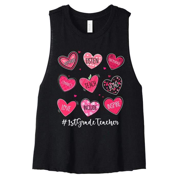 Funny Hearts Teach Love Inspire 1st Grade Teacher Valentines Women's Racerback Cropped Tank