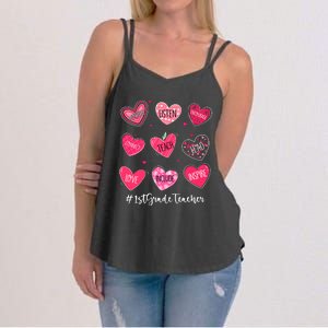 Funny Hearts Teach Love Inspire 1st Grade Teacher Valentines Women's Strappy Tank