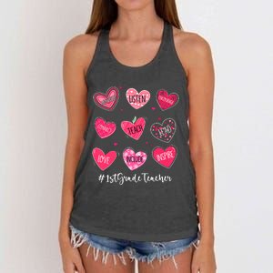 Funny Hearts Teach Love Inspire 1st Grade Teacher Valentines Women's Knotted Racerback Tank