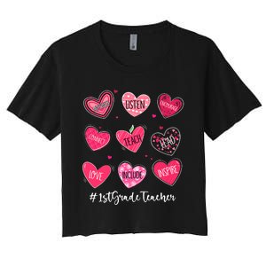 Funny Hearts Teach Love Inspire 1st Grade Teacher Valentines Women's Crop Top Tee