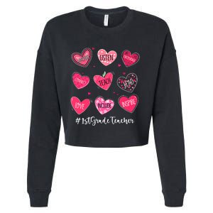 Funny Hearts Teach Love Inspire 1st Grade Teacher Valentines Cropped Pullover Crew