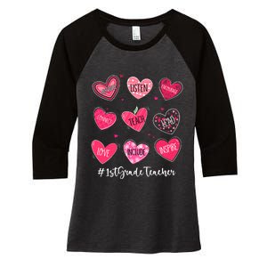 Funny Hearts Teach Love Inspire 1st Grade Teacher Valentines Women's Tri-Blend 3/4-Sleeve Raglan Shirt