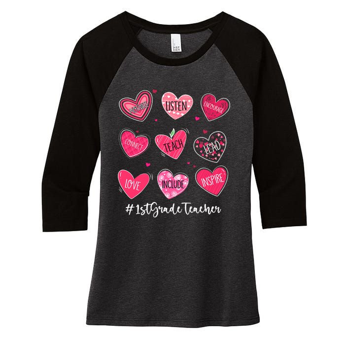 Funny Hearts Teach Love Inspire 1st Grade Teacher Valentines Women's Tri-Blend 3/4-Sleeve Raglan Shirt