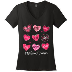 Funny Hearts Teach Love Inspire 1st Grade Teacher Valentines Women's V-Neck T-Shirt