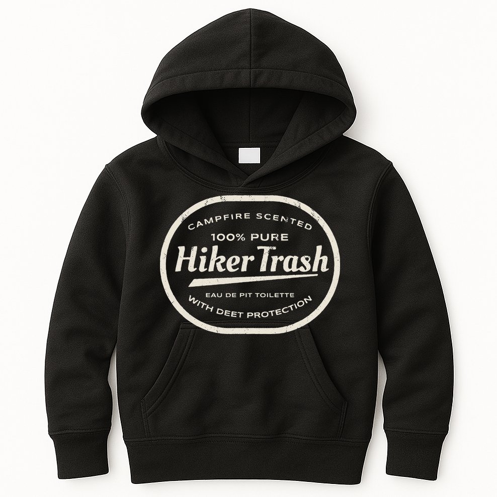 Funny Hiker Trash Logo Design For Long Distance Backpackers Kids Hoodie
