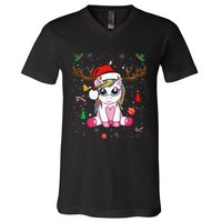 Festive Holiday Unicorn Deer Print V-Neck T-Shirt