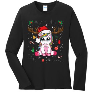 Festive Holiday Unicorn Deer Print Ladies Long Sleeve Shirt