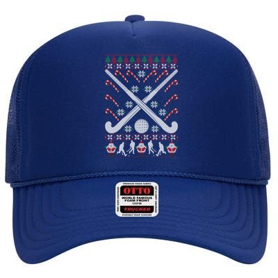 Field Hockey Ugly Christmas Funny Holiday Xmas Gift High Crown Mesh Back Trucker Hat