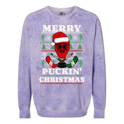 Funny Hockey Ugly Christmas Merry Puckin Christmas Meaningful Gift Colorblast Crewneck Sweatshirt