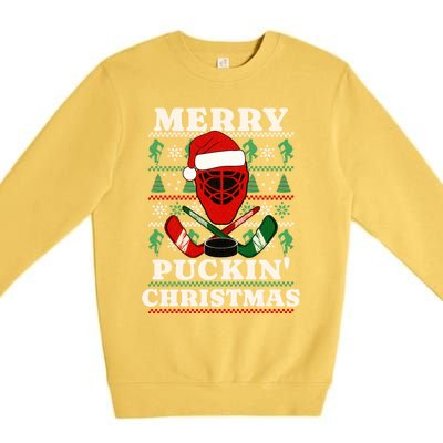 Funny Hockey Ugly Christmas Merry Puckin Christmas Meaningful Gift Premium Crewneck Sweatshirt