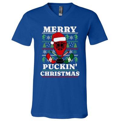 Funny Hockey Ugly Christmas Merry Puckin Christmas Meaningful Gift V-Neck T-Shirt