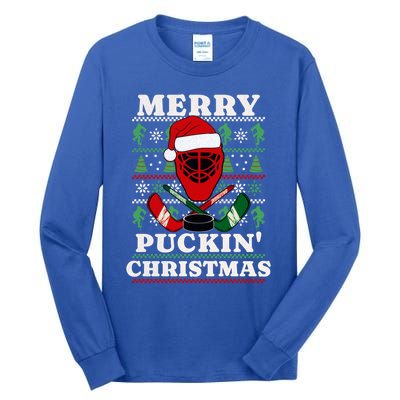 Funny Hockey Ugly Christmas Merry Puckin Christmas Meaningful Gift Tall Long Sleeve T-Shirt