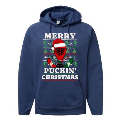 Funny Hockey Ugly Christmas Merry Puckin Christmas Meaningful Gift Performance Fleece Hoodie