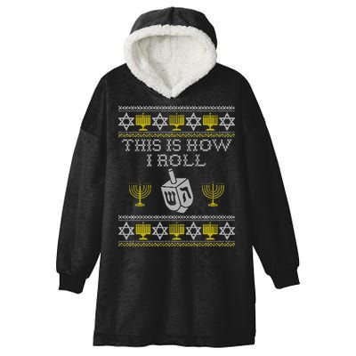 Funny Hanukkah Ugly Sweater Print This Is How I Roll Dreidel Gift Hooded Wearable Blanket