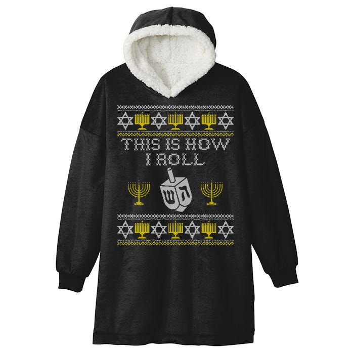 Funny Hanukkah Ugly Sweater Print This Is How I Roll Dreidel Gift Hooded Wearable Blanket