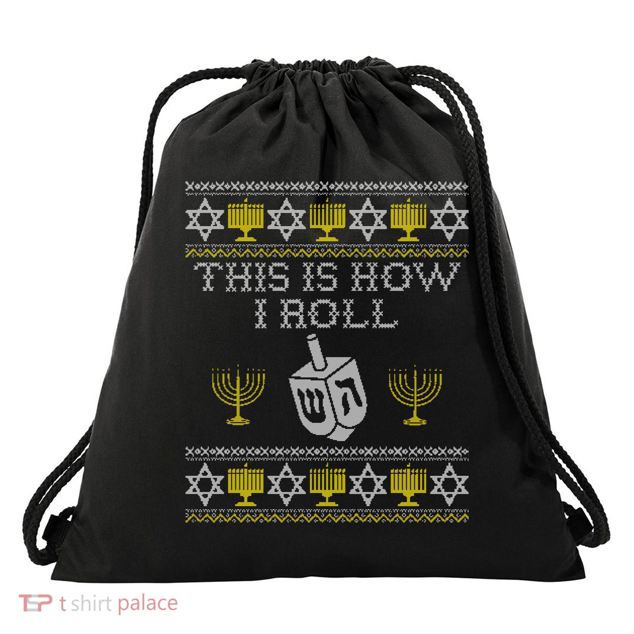 Funny Hanukkah Ugly Sweater Print This Is How I Roll Dreidel Gift Drawstring Bag