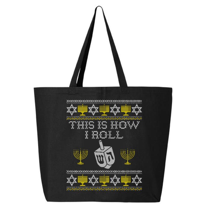 Funny Hanukkah Ugly Sweater Print This Is How I Roll Dreidel Gift 25L Jumbo Tote