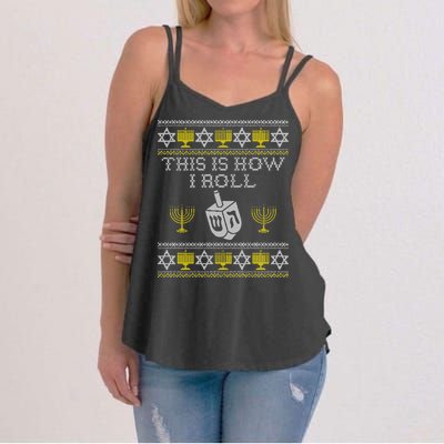 Funny Hanukkah Ugly Sweater Print This Is How I Roll Dreidel Gift Women's Strappy Tank