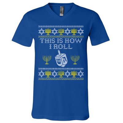Funny Hanukkah Ugly Sweater Print This Is How I Roll Dreidel Gift V-Neck T-Shirt