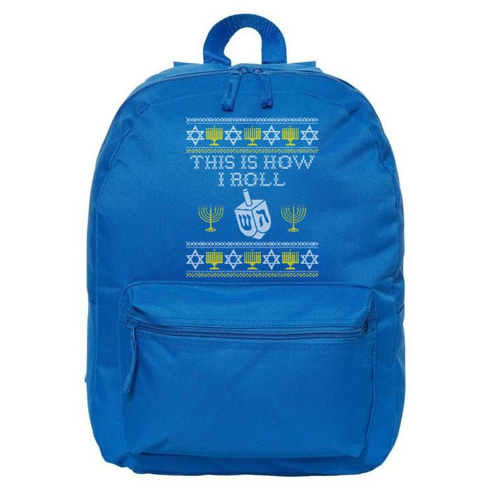 Funny Hanukkah Ugly Sweater Print This Is How I Roll Dreidel Gift 16 in Basic Backpack