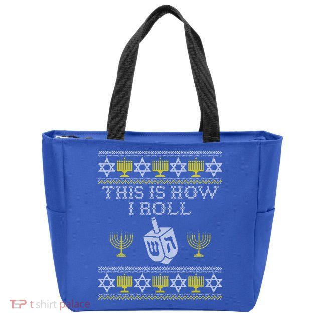 Funny Hanukkah Ugly Sweater Print This Is How I Roll Dreidel Gift Zip Tote Bag