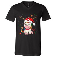 Festive Holiday Unicorn Deer Santa Claus V-Neck T-Shirt