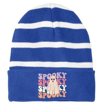 Funny Halloween Vibes Retro Spooky Ghost Boo Spooky Season Gift Striped Beanie with Solid Band