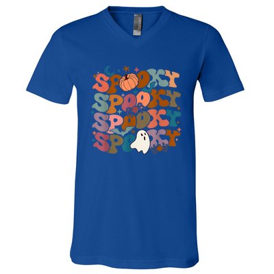 Funny Halloween Vibes Retro Spooky Ghost Boo Spooky Season Gift V-Neck T-Shirt