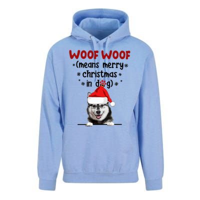 Funny Husky Woof Woof Means Merry Christmas In Dog Merry Gift Unisex Surf Hoodie