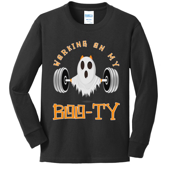 Funny Halloween Workout Gym Working On My Boo Ty Ghost Kids Long Sleeve Shirt