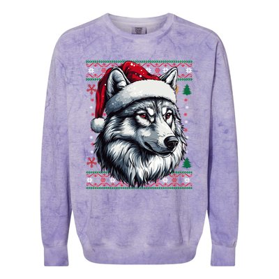 Funny Holiday Wolf Lover Wolf Santa Hat Ugly Christmas Colorblast Crewneck Sweatshirt