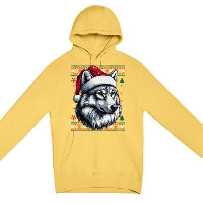 Funny Holiday Wolf Lover Wolf Santa Hat Ugly Christmas Premium Pullover Hoodie