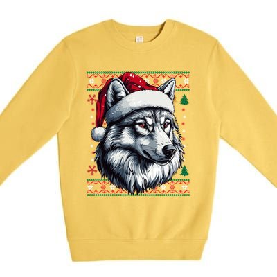 Funny Holiday Wolf Lover Wolf Santa Hat Ugly Christmas Premium Crewneck Sweatshirt