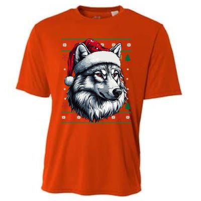 Funny Holiday Wolf Lover Wolf Santa Hat Ugly Christmas Cooling Performance Crew T-Shirt