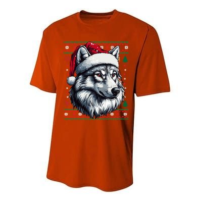 Funny Holiday Wolf Lover Wolf Santa Hat Ugly Christmas Performance Sprint T-Shirt