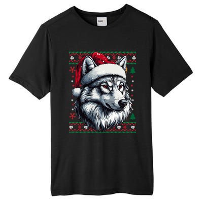 Funny Holiday Wolf Lover Wolf Santa Hat Ugly Christmas Tall Fusion ChromaSoft Performance T-Shirt