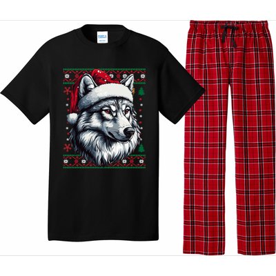 Funny Holiday Wolf Lover Wolf Santa Hat Ugly Christmas Pajama Set