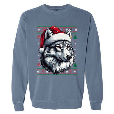 Funny Holiday Wolf Lover Wolf Santa Hat Ugly Christmas Garment-Dyed Sweatshirt