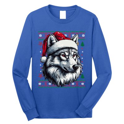 Funny Holiday Wolf Lover Wolf Santa Hat Ugly Christmas Long Sleeve Shirt